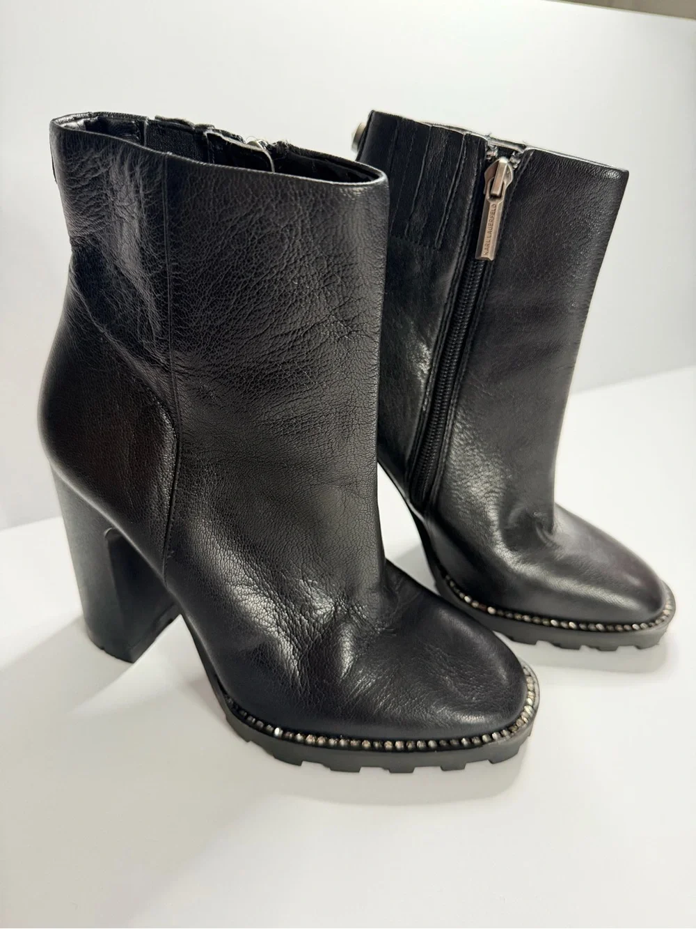 Karl Lagerfeld Black High Heel Ankle Boots with Stud Trim